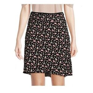 Free People Black Floral A-Line Skirt with Pink & White Flowers